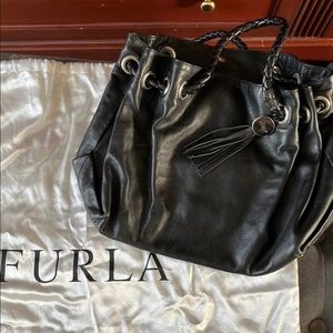 B furla handbag black leather with braided shoulder straps. Few signs of wear.
